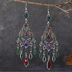 Boho Multicolor Zircon Earrings Silver Dangle Vintage